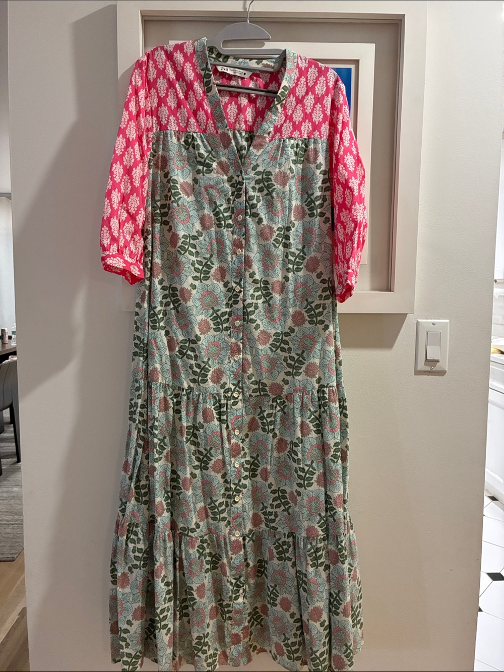 Zara Pink & Green Floral Tiered Maxi Dress